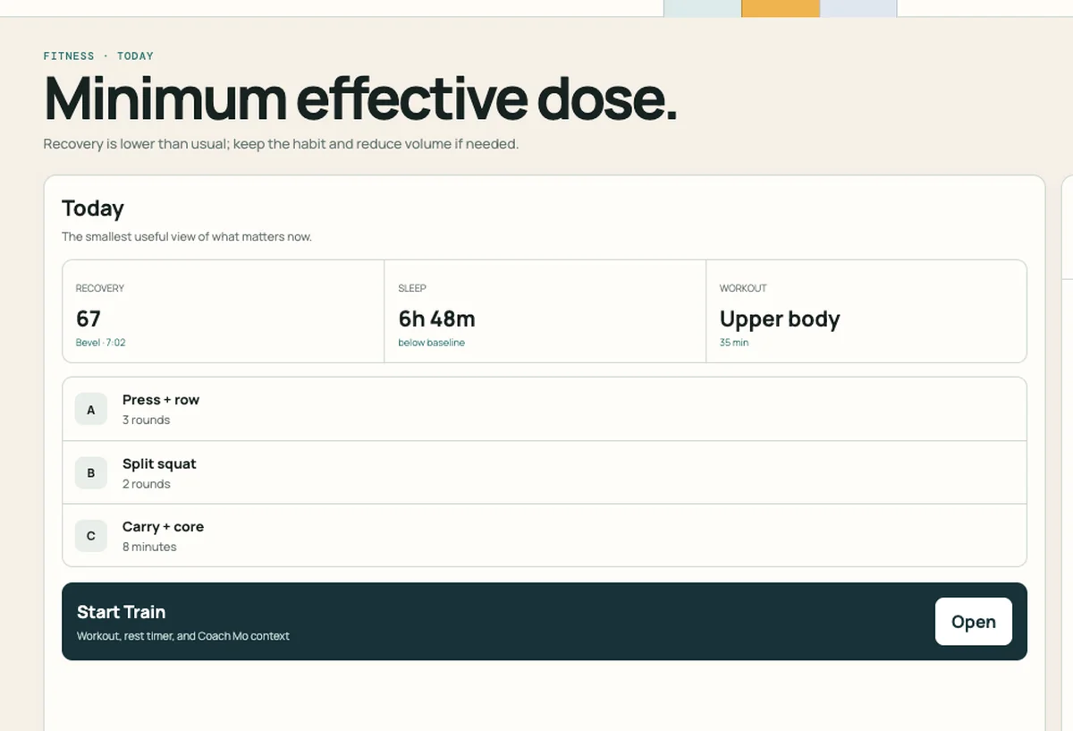 Illustrative Daddish Fitness prototype showing Coach Mo's minimum-effective-dose call, today's recovery context, and a concise upper-body workout.