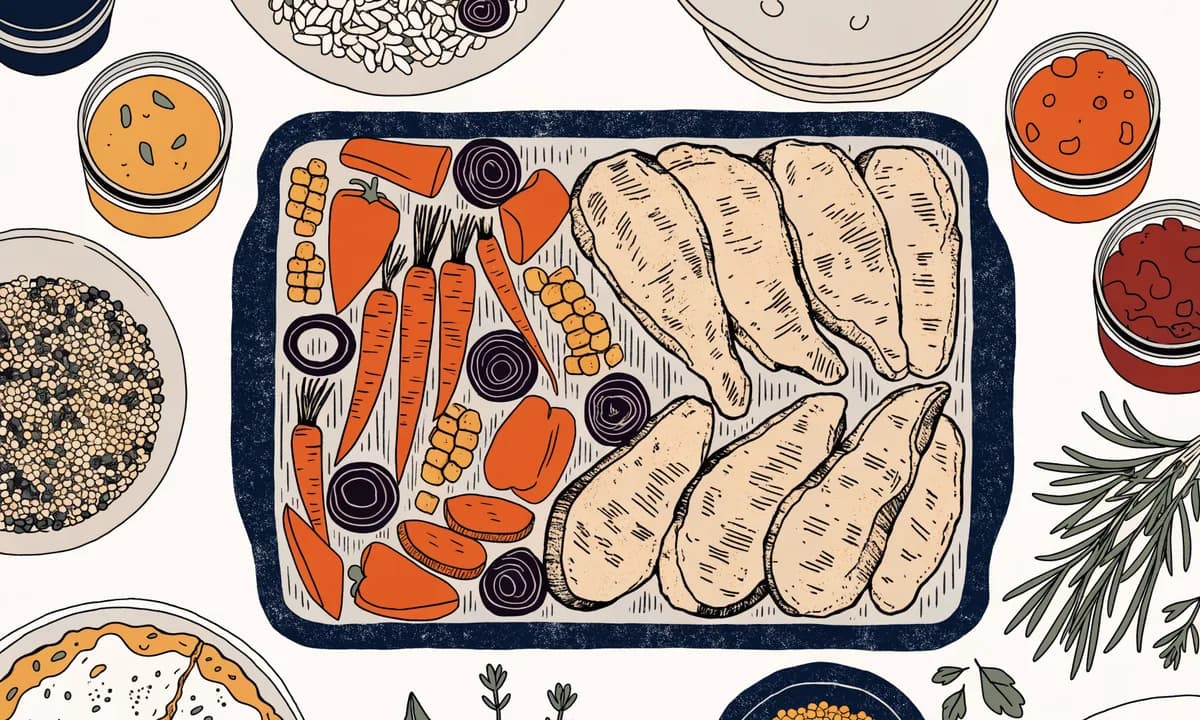 Illustrated prepared chicken, vegetables, grains, sauces, and finished dishes arranged as one flexible weekly food system.